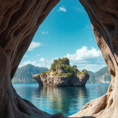 The primary subject of the image is a large rock formation in the middle of a body of water. The rock formation is surrounded by water, and it appears to be an island. The setting is a serene body of water, with the rock formation being the main focus of the image. The visual style is a photo, capturing the natural beauty of the rock formation and its surroundings. The colors and mood of the image are predominantly blue and calm, creating a peaceful and tranquil atmosphere.